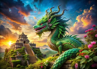Fototapeta premium Majestic Dragon Crawling Amongst Ancient Architecture in a Fantasy Landscape