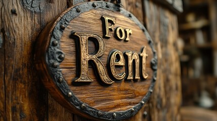 A close-up image of a rustic wooden sign with ornate detailing displaying the words For Rent in embossed letters, evoking a sense of vintage charm and historical ambiance