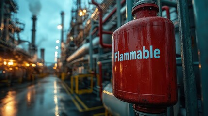 A highly detailed image portrays an industrial setting with a red flammable gas canister in the foreground, showcasing the critical safety measures in the manufacturing environment