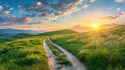 A road winds through a grassy field with a beautiful sunset in the background, generative ai image