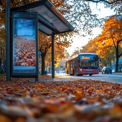 Obraz premium A bus stop with an empty advertising billboard in an urban setting with fallen leaves on the ground and a bus passing by in the background. Generative AI