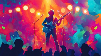 A vibrant concert poster featuring a silhouette of a guitar player on stage with spotlights and colorful crowd graphics.