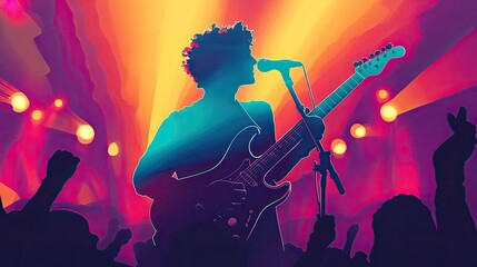 A vibrant concert poster featuring a silhouette of a guitar player on stage with spotlights and colorful crowd graphics.