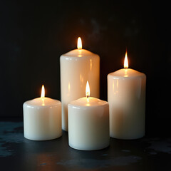 White pillar candles with flames illuminated isolated on black background
