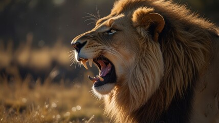 Naklejka premium A majestic lion with a powerful roar, its mane glowing in the golden light.