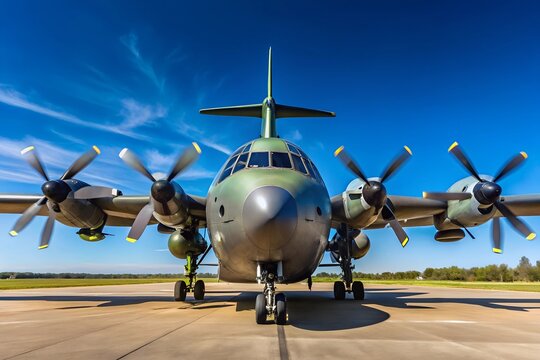 C130 Hercules Gunship on Display at Airshow with Propellers Spinning in a Clear Blue Sky Background