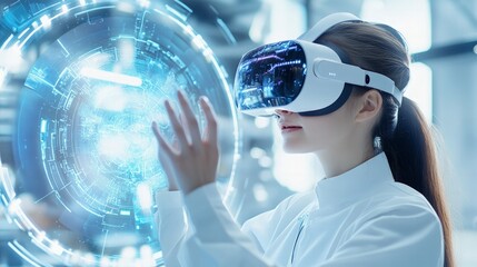 A virtual reality app for patient rehabilitation exercises in a futuristic health center.