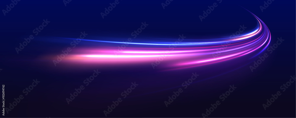 Poster light trails on road at night. abstract futuristic neon background with glowing ascending lines. bea