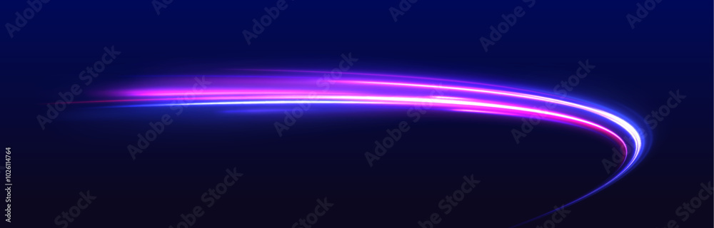 Poster night motorway with light effects in neon colors purple. abstract energy in the form of stripe, arc,