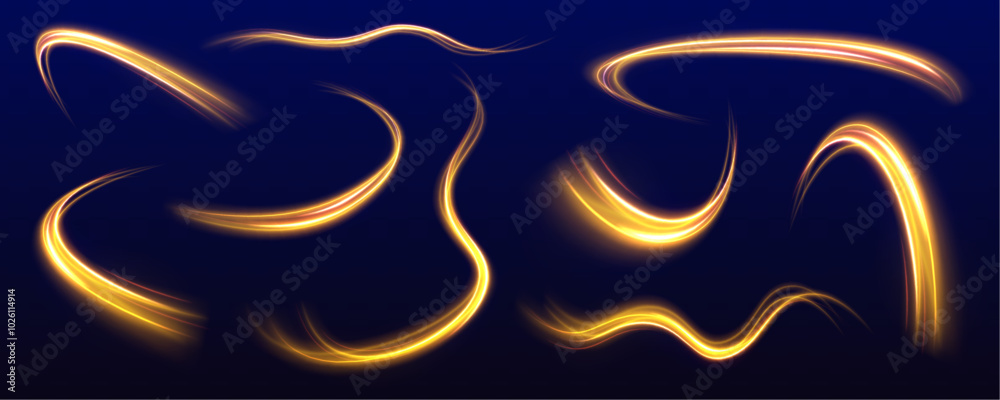 Poster Set of curved yellow light lines on transparent background. Bright lights with glowing lines in motion with small particles and glare.