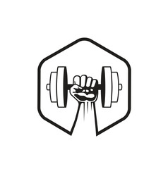 hand holding a dumbbell logo hexagon vector symbol design illustration