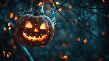 a jack o lantern pumpkin with glowing eyes hanging with string to a tree branch, view from lower down angle, night evening time, cinematic, stylized Halloween style stock photo, in dark backdrop