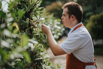A dedicated young gardener with down syndrome carefully tends to greenery in a sunny outdoor...