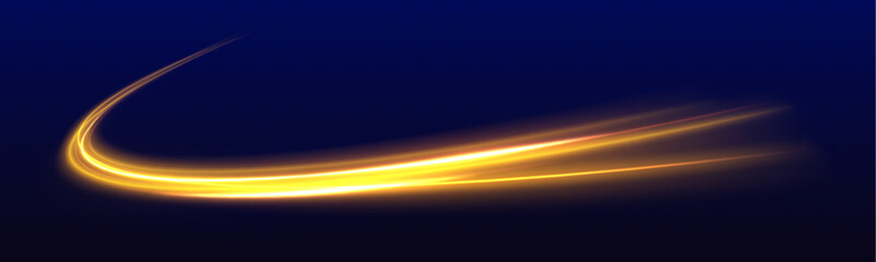 Golden glowing shiny spiral speed lines yellow light effect. Curved bright line of light for holiday banners. Glittering wavy trail.