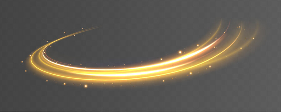 Golden glowing shiny spiral speed lines yellow light effect. Curved bright line of light for holiday banners. Glittering wavy trail.