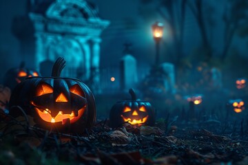 Obraz premium Halloween backdrop featuring Jack O' Lanterns in a graveyard on a spooky night, Generative AI.