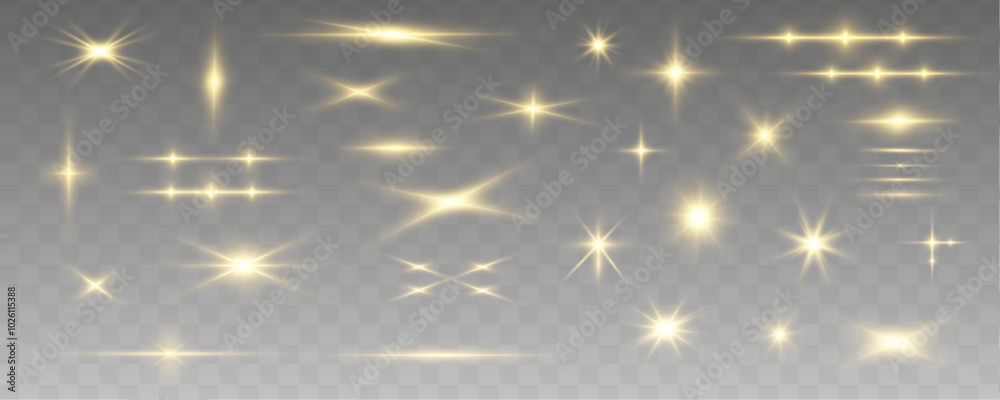 Poster sun flash with rays or gold spotlight and bokeh. gold lens flares set. yellow glow flare light effec