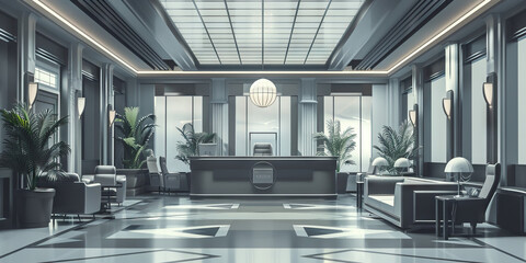 Obraz premium An art deco-inspired bank branch, its geometric shapes and shades of silver and charcoal creating a sophisticated ambiance.