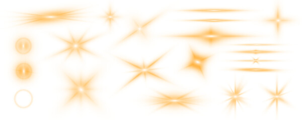 Sun flash with rays or gold spotlight and bokeh. Gold lens flares set. Yellow glowing light burst on a transparent background. PNG