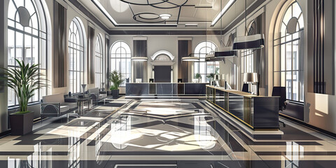 An art deco-inspired bank branch, its geometric shapes and shades of silver and charcoal creating a sophisticated ambiance.