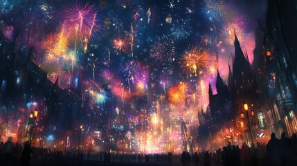 A vibrant fireworks display illuminates the night sky over a cityscape, with crowds gathered below to watch the spectacle.