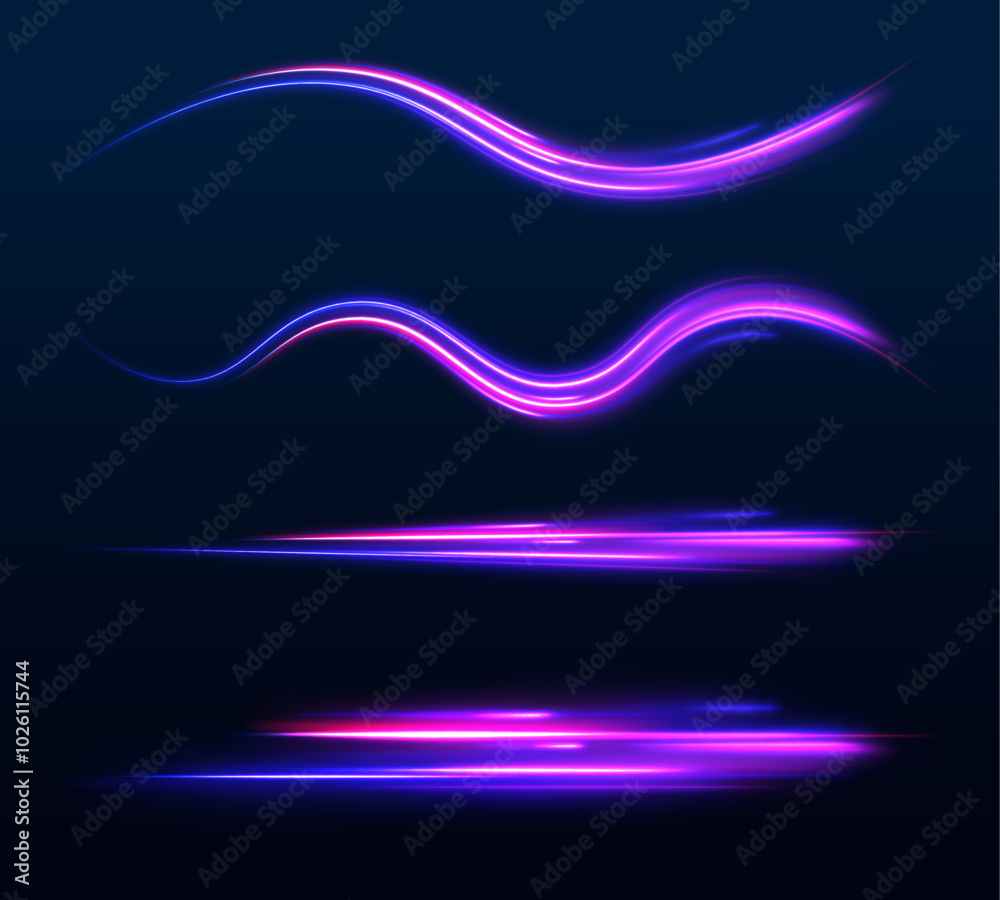 Poster high speed effect motion blur night lights in blue and red colors, abstract flash perspective road g