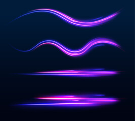 High speed effect motion blur night lights in blue and red colors, abstract flash perspective road glow streaks long time exposure vector set on transparent background.