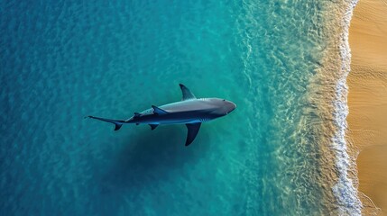 Fototapeta premium An aerial view of a shark swimming near the shoreline, contrasting the shallow sandy beach and deeper blue waters.
