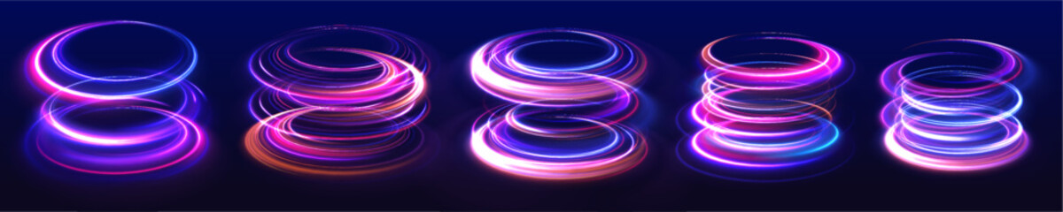 Set of neon blurry light circles at motion. Space tunnel. Light everyday glowing effect. Semicircular wave, light vortex wake. 