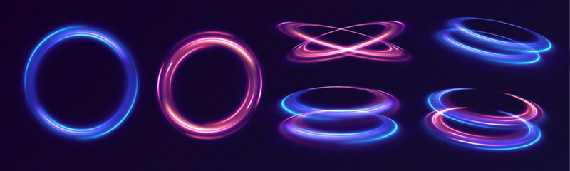 Set of neon blurry light circles at motion. Space tunnel. Light everyday glowing effect. Semicircular wave, light vortex wake. 