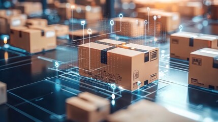 Digital illustration of interconnected cardboard boxes representing global e-commerce and innovative supply chain technology.