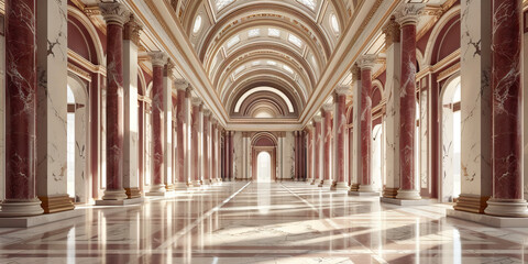 Obraz premium A row of marble columns supporting a domed ceiling in a grand bank lobby, with deep burgundy accents.