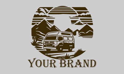 This vector illustration shows a vintage camper van driving over the vast desert sands. The setting sun rays provide a warm and dramatic effect on the image representing the concepts of freedom