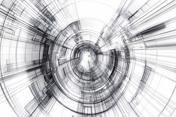 Abstract circular geometric pattern in black and white with intersecting lines creating a sense of depth and motion on a white background
