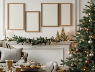 Create a cozy, realistic Christmas interior scene featuring four blank thin oak picture frames 15x21 inches prominently displayed on a mantelpiece