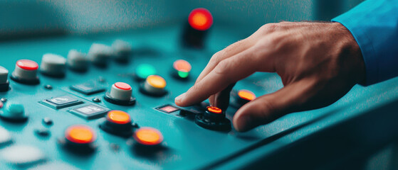 Hand pressing a button on a control panel with colorful switches and lights.