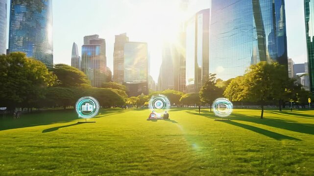 The camera zooms out from a peaceful green park in the heart of a futuristic city with tall glass skyscrapers and natural light