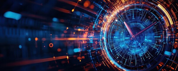 Abstract futuristic clock interface with glowing lights and digital elements, representing the concept of time and technology.