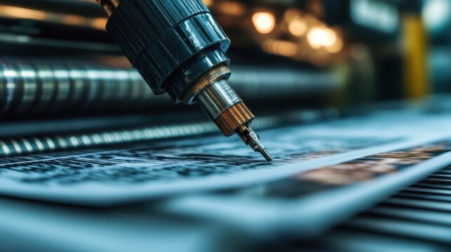 An intricate view of a printing nozzle delicately applying ink onto paper, highlighting the precision in printing techniques with vibrant colors and mechanical focus.