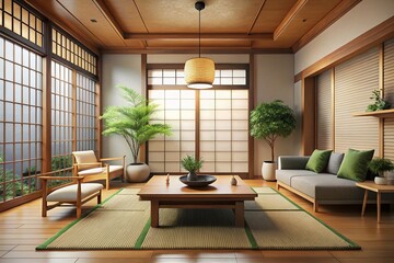 Fototapeta premium Minimalist Japanese Living Room Interior Design with Elegant Simplicity and Natural Elements