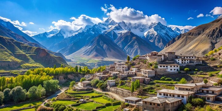 Minimalist Landscape of Keylong Village with Snow-Capped Mountains and Clear Sky View