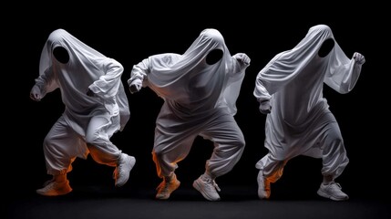 Ghostly Groove: Three figures in ethereal white costumes dance with synchronized movements against a dark backdrop, creating a captivating blend of mystery and rhythm. 