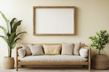 Create a mock-up of a wooden beige stylish frame hanging on a wall in a vibrant living room, the frame is in landscape size, horizontal. 