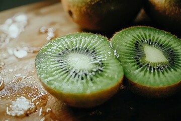 Close-Up of Two Sliced Kiwi Fruit with Water Droplets on a Wooden Surface