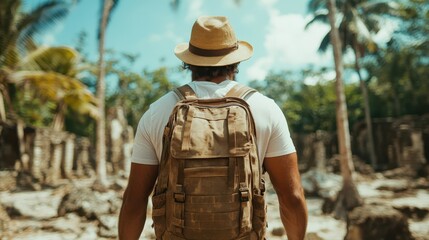 A backpacker journeys through a lush tropical jungle, discovering ancient cultural ruins, evoking a sense of adventure and mystery. Ideal for travel blogs.