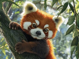 Curious Red Panda Hanging on Tree Branch