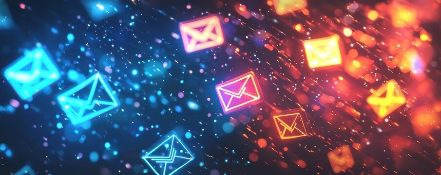 Abstract background of colorful glowing email icons, symbolizing digital communication, data transfer, and online messaging.