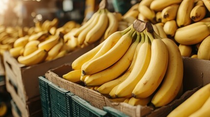 Several boxes filled with ripe yellow bananas are displayed at a bustling fruit market, highlighting natural produce and a vibrant shopping atmosphere.