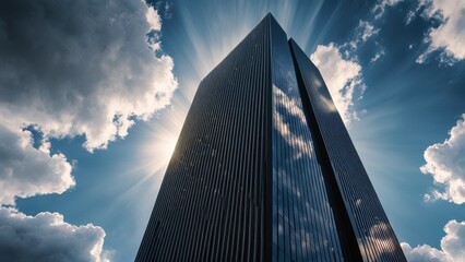 A towering skyscraper against a dramatic sky with rays of sunlight and clouds.