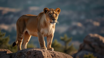 Obraz premium A powerful lioness stands on a rocky outcrop, looking out over a vast landscape. The sun shines on her fur, highlighting her majestic presence.